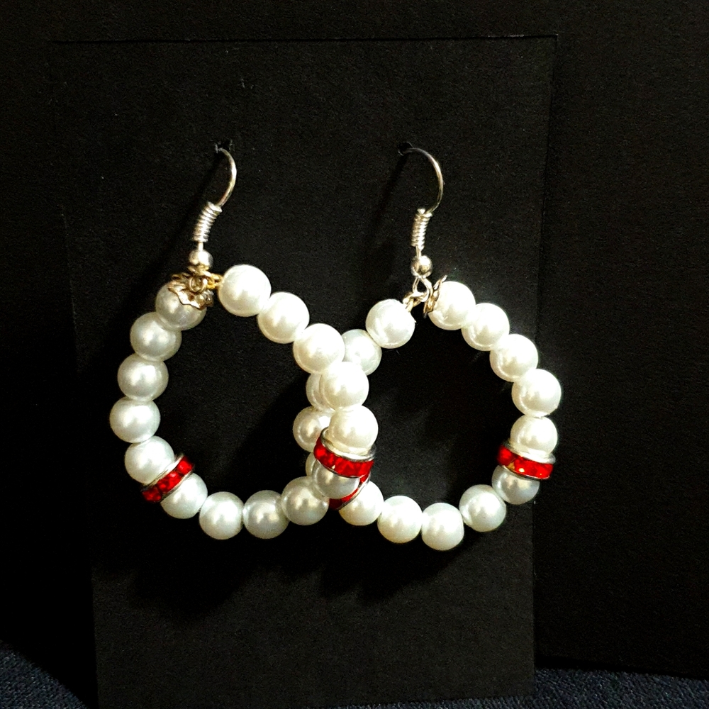 Handmade hoop pearl earrings with a dash of red